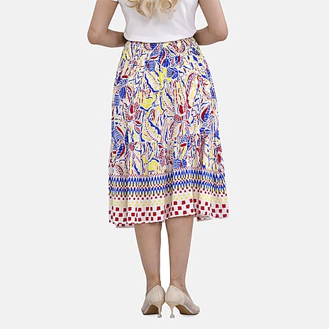 TAMSY 100% Viscose Floral Pattern Elastic Waist Summer Maxi Skirt (One Size) - Blue - Yellow