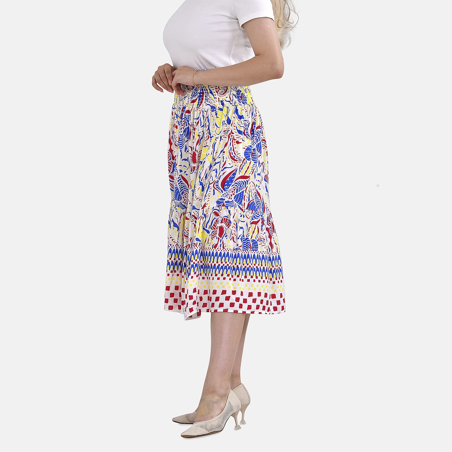 TAMSY 100% Viscose Floral Pattern Elastic Waist Summer Maxi Skirt (Fits upto 20) - White