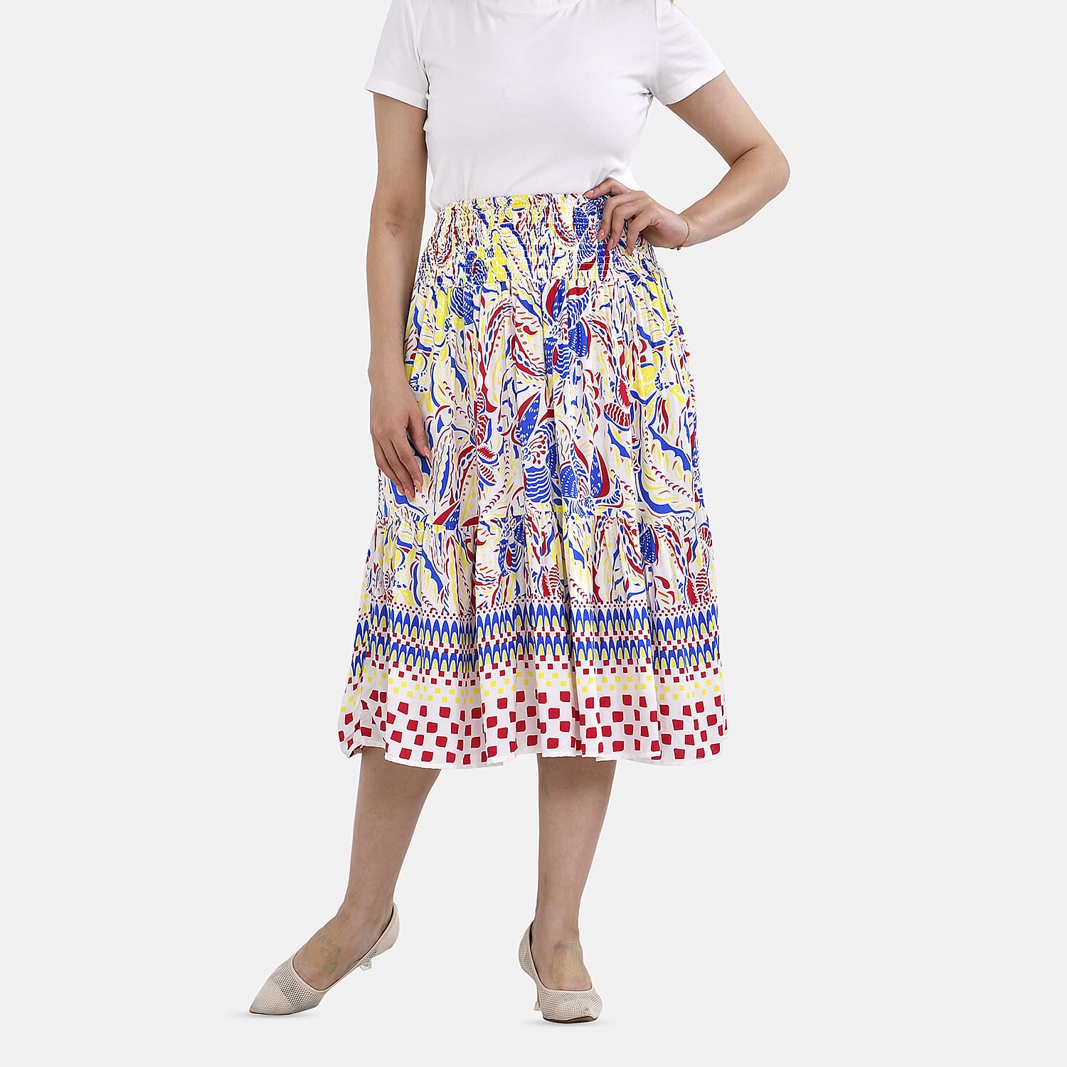 TAMSY 100% Viscose Floral Pattern Elastic Waist Summer Maxi Skirt (Fits upto 20) - White