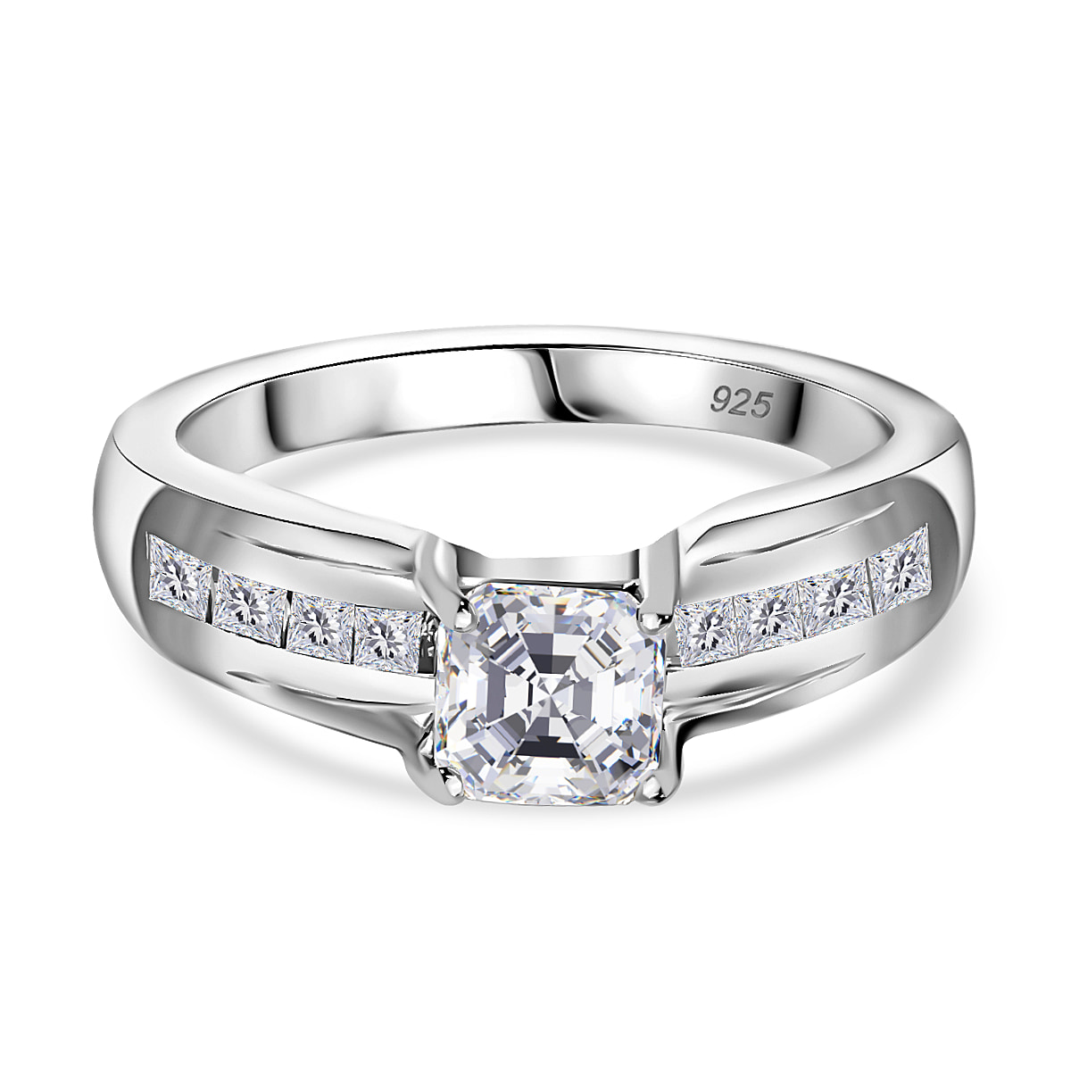 Moissanite  Main Stone With Side Stone Ring in Platinum Overlay Sterling Silver 1.30 ct  1.149  Ct.