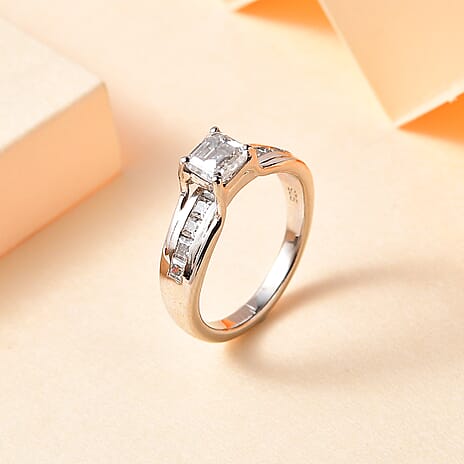 Moissanite Ring in Platinum Overlay Sterling Silver 1.15 Ct.