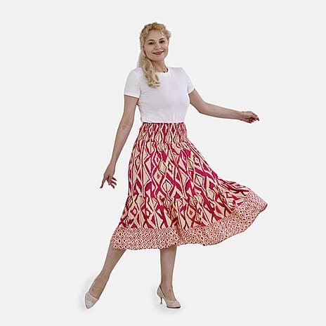 TAMSY 100% Viscose Floral Pattern Elastic Waist Maxi Skirt (Fits upto 20) - Pink