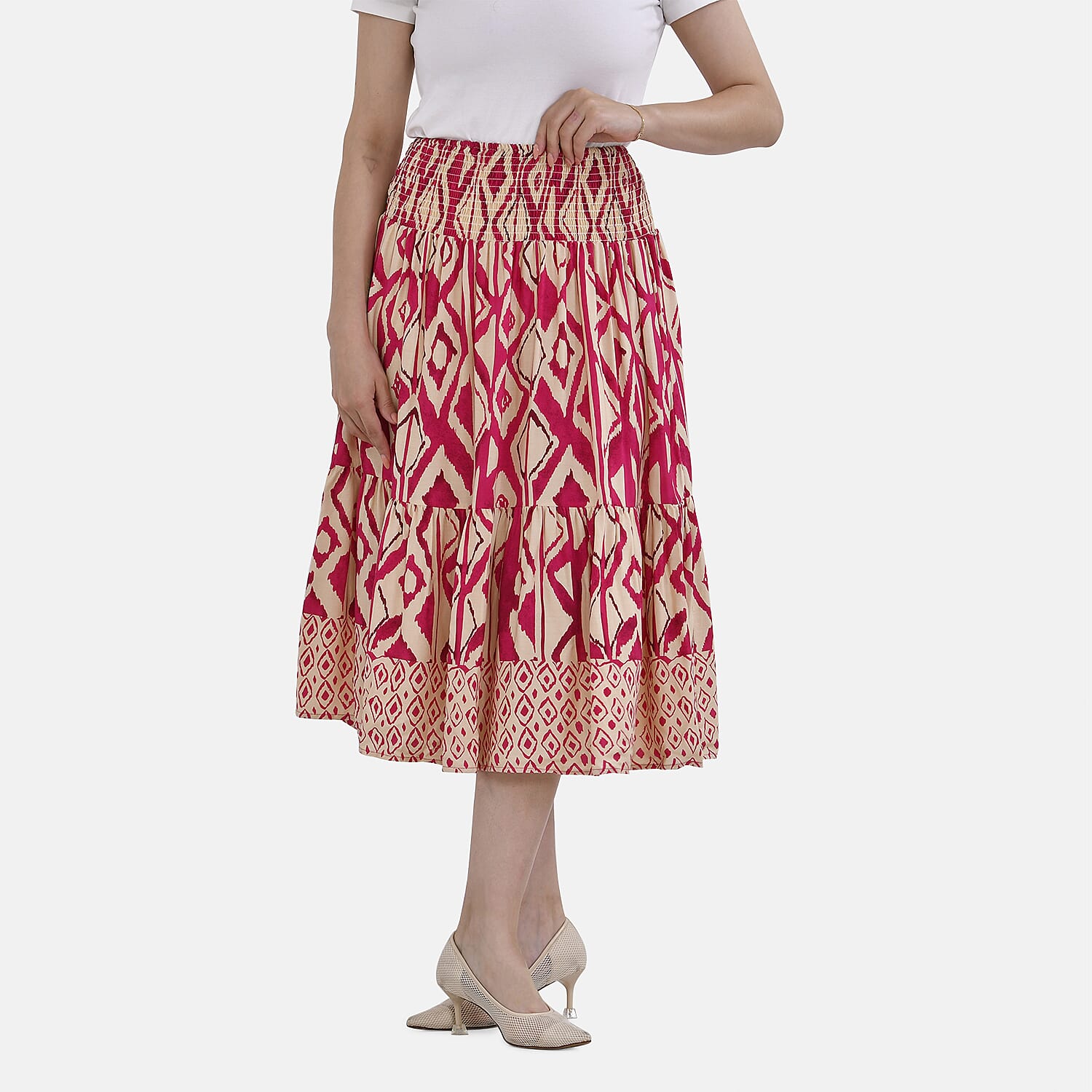TAMSY 100% Viscose Floral Pattern Elastic Waist Maxi Skirt (Fits upto 20) - Pink