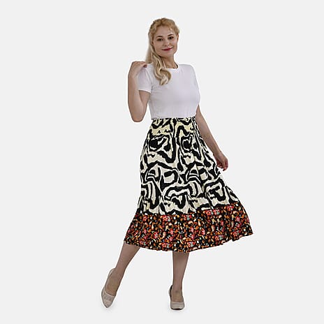 TAMSY 100% Viscose Floral Pattern Elastic Waist Maxi Skirt (Fits upto 20) - Black
