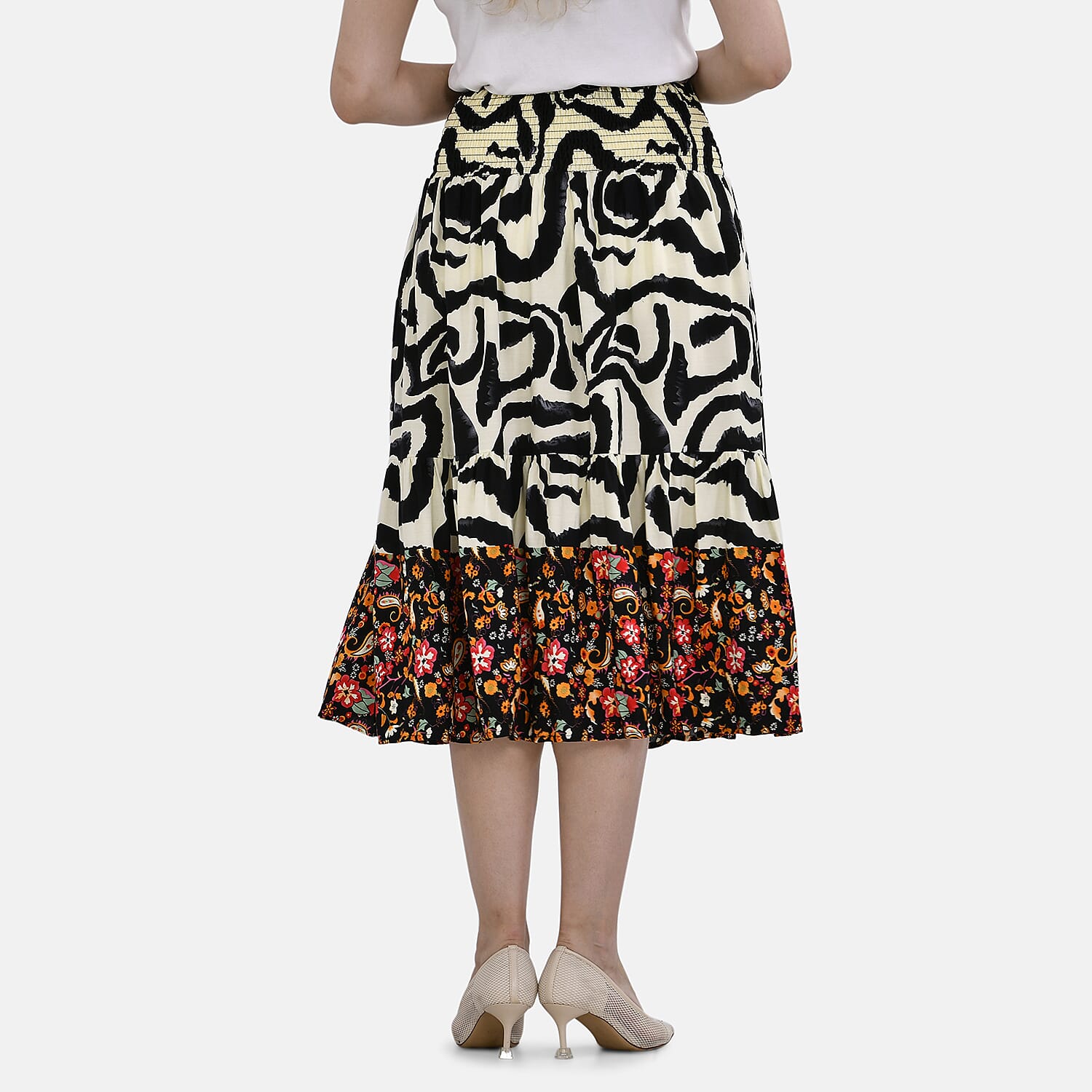 TAMSY 100% Viscose Floral Pattern Elastic Waist Maxi Skirt (Fits upto 20) - Black