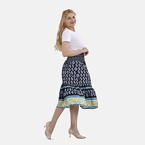 TAMSY 100% Viscose Floral Pattern Elastic Waist Maxi Skirt (Fits upto 20) - Navy