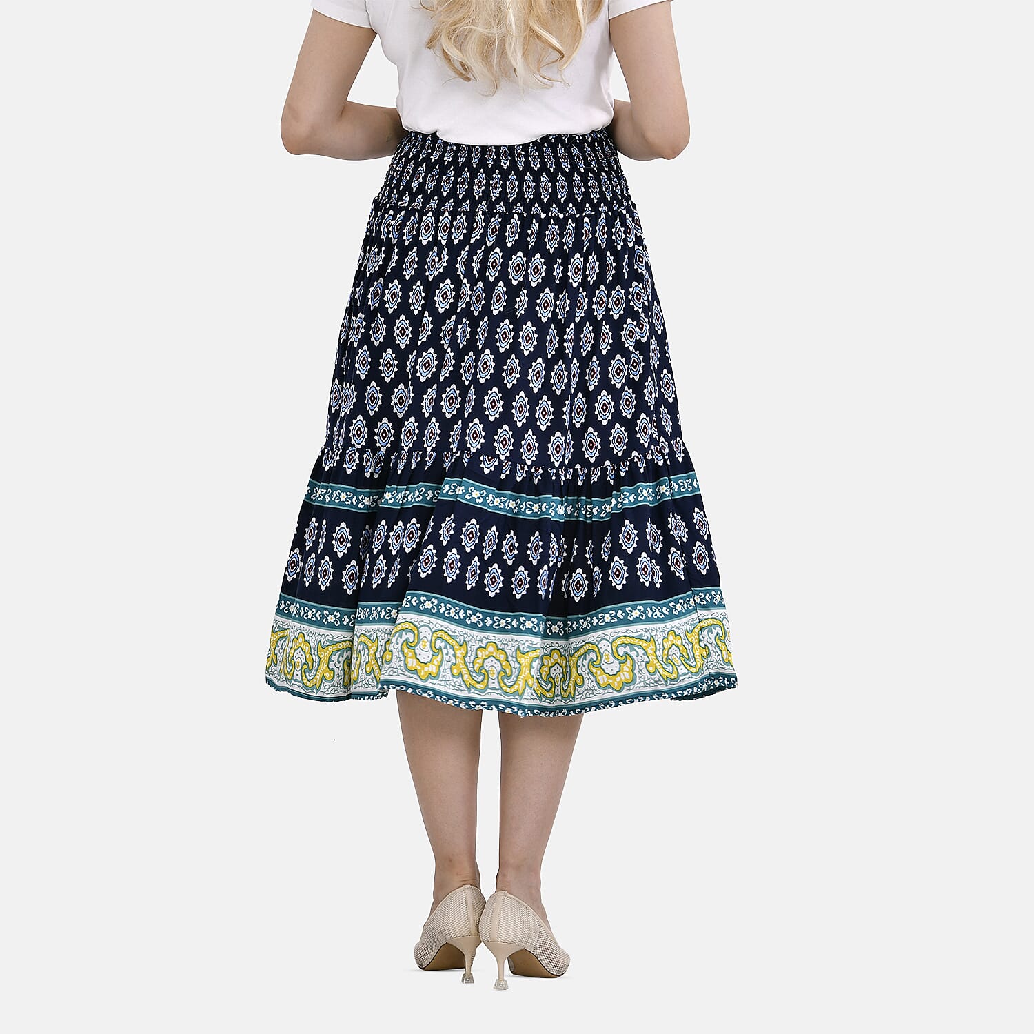 TAMSY 100% Viscose Floral Pattern Elastic Waist Maxi Skirt (Fits upto 20) - Navy