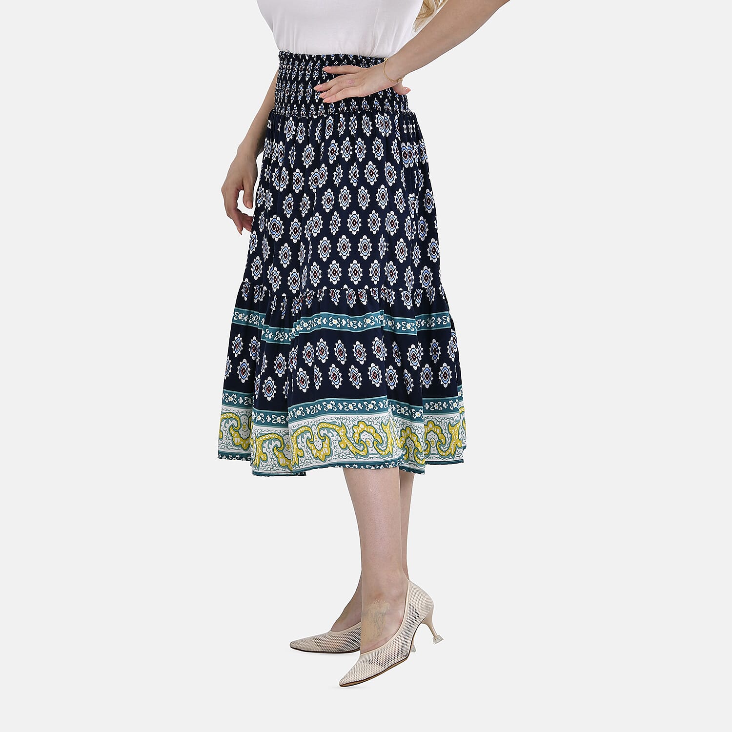 TAMSY 100% Viscose Floral Pattern Elastic Waist Maxi Skirt (Fits upto 20) - Navy
