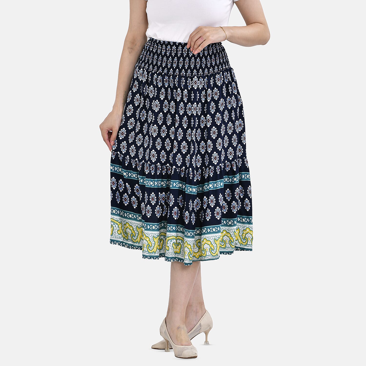 TAMSY 100% Viscose Floral Pattern Elastic Waist Maxi Skirt (Fits upto 20) - Navy
