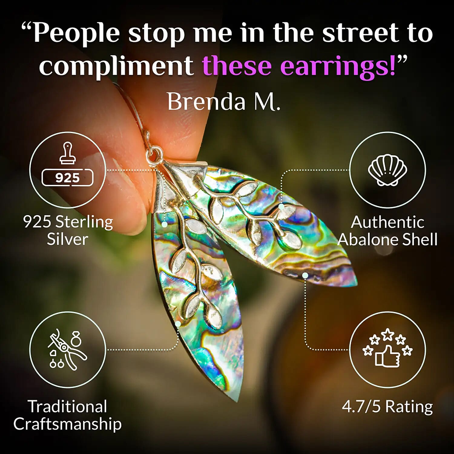 Royal Bali - Abalone Shell Dangle Earrings with Hook in Sterling Silver 6.75 Ct.