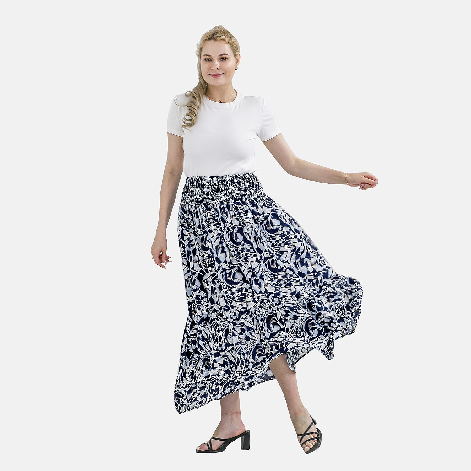 TAMSY 100% Viscose Elastic Waist Summer Floral Pattern Maxi Skirt (One Size) - Blue