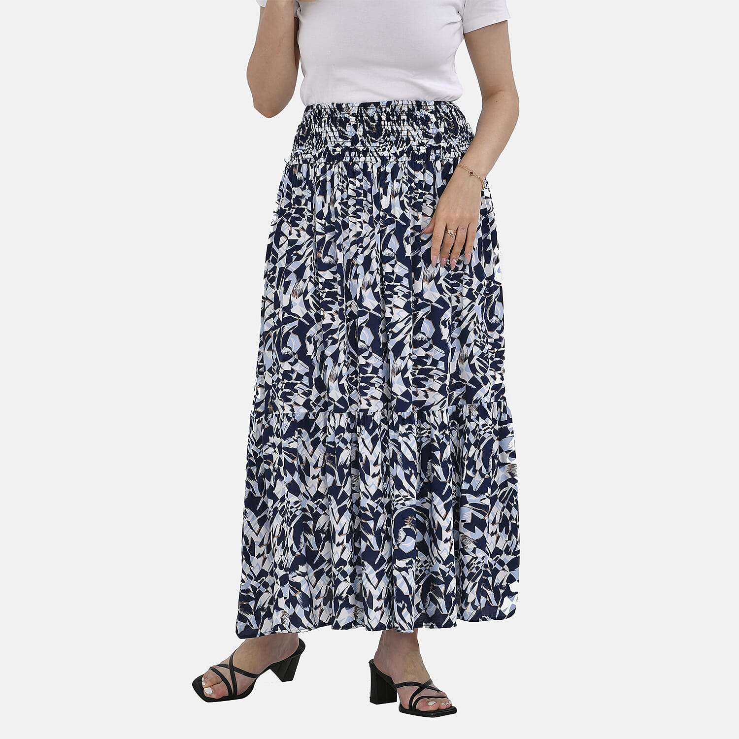 TAMSY 100% Viscose Elastic Waist Summer Floral Pattern Maxi Skirt (One Size) - Blue