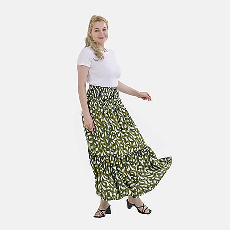 TAMSY 100% Viscose Elastic Waist Summer Floral Pattern Maxi Skirt (One Size) - Green
