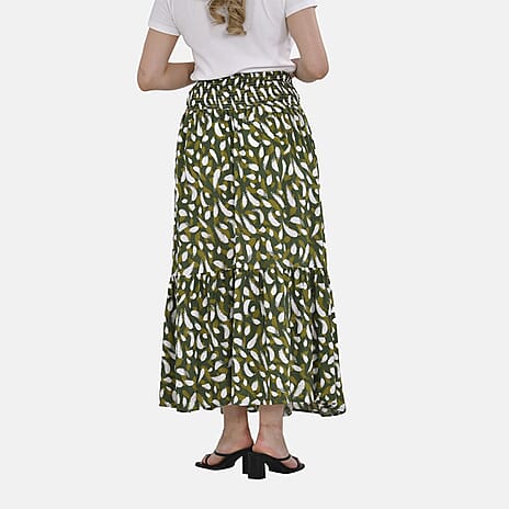 TAMSY 100% Viscose Elastic Waist Summer Floral Pattern Maxi Skirt (One Size) - Green