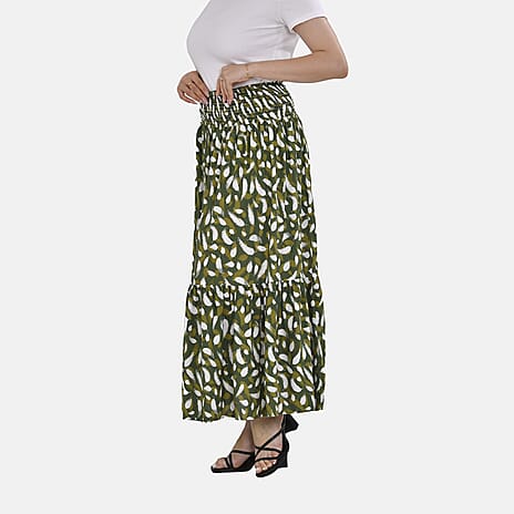 TAMSY 100% Viscose Elastic Waist Summer Floral Pattern Maxi Skirt (One Size) - Green