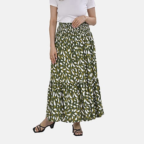 TAMSY 100% Viscose Elastic Waist Summer Floral Pattern Maxi Skirt (One Size) - Green