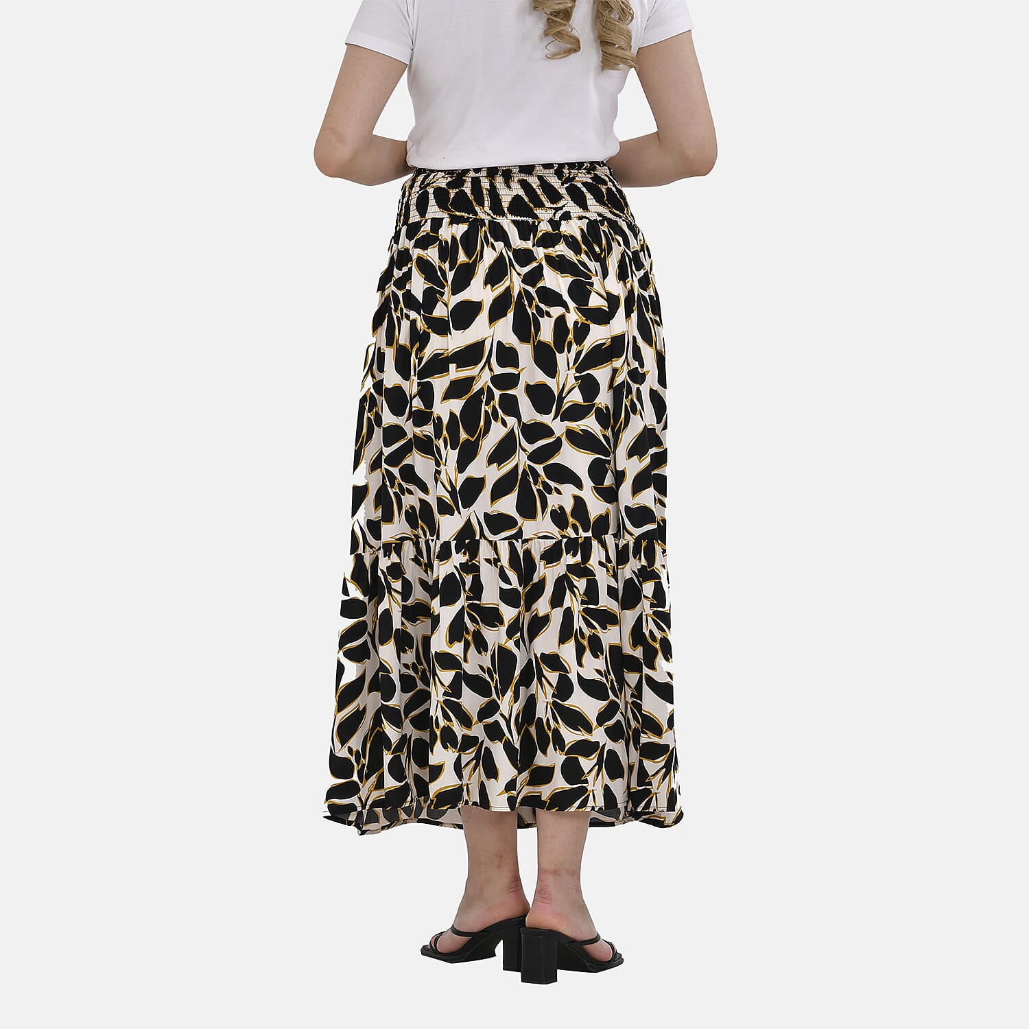 TAMSY 100% Viscose Elastic Waist Summer Floral Pattern Maxi Skirt (One Size) - Black - White
