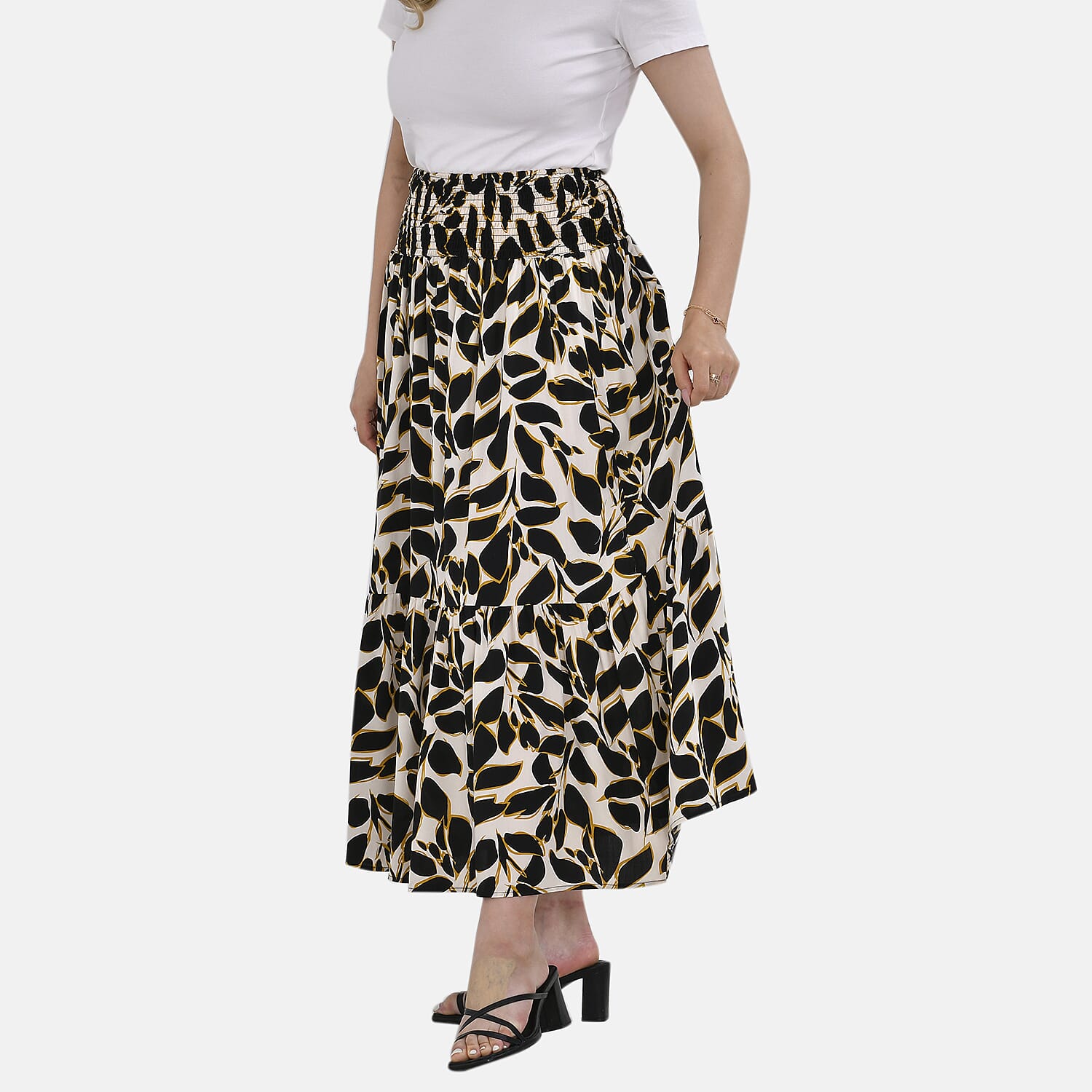 TAMSY 100% Viscose Elastic Waist Summer Floral Pattern Maxi Skirt (One Size) - Black - White
