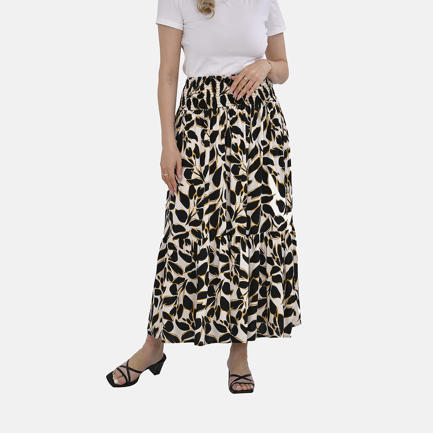 TAMSY 100% Viscose Elastic Waist Summer Floral Pattern Maxi Skirt (One Size) - Black - White