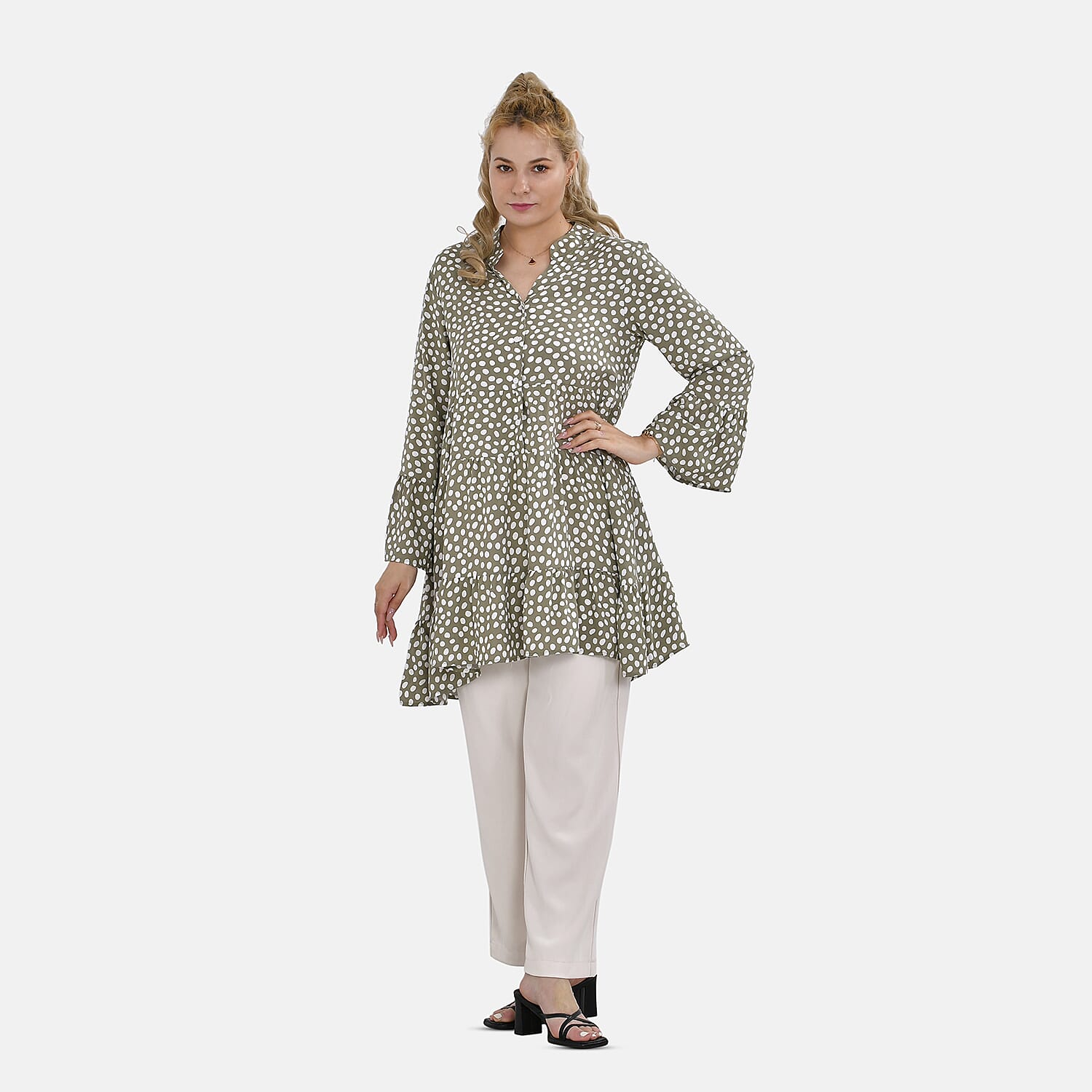 La Marey 100% Viscose Polka Dot Pattern V-Neck Casual Tunic Dress (Size - S-M, 10-14) - Green