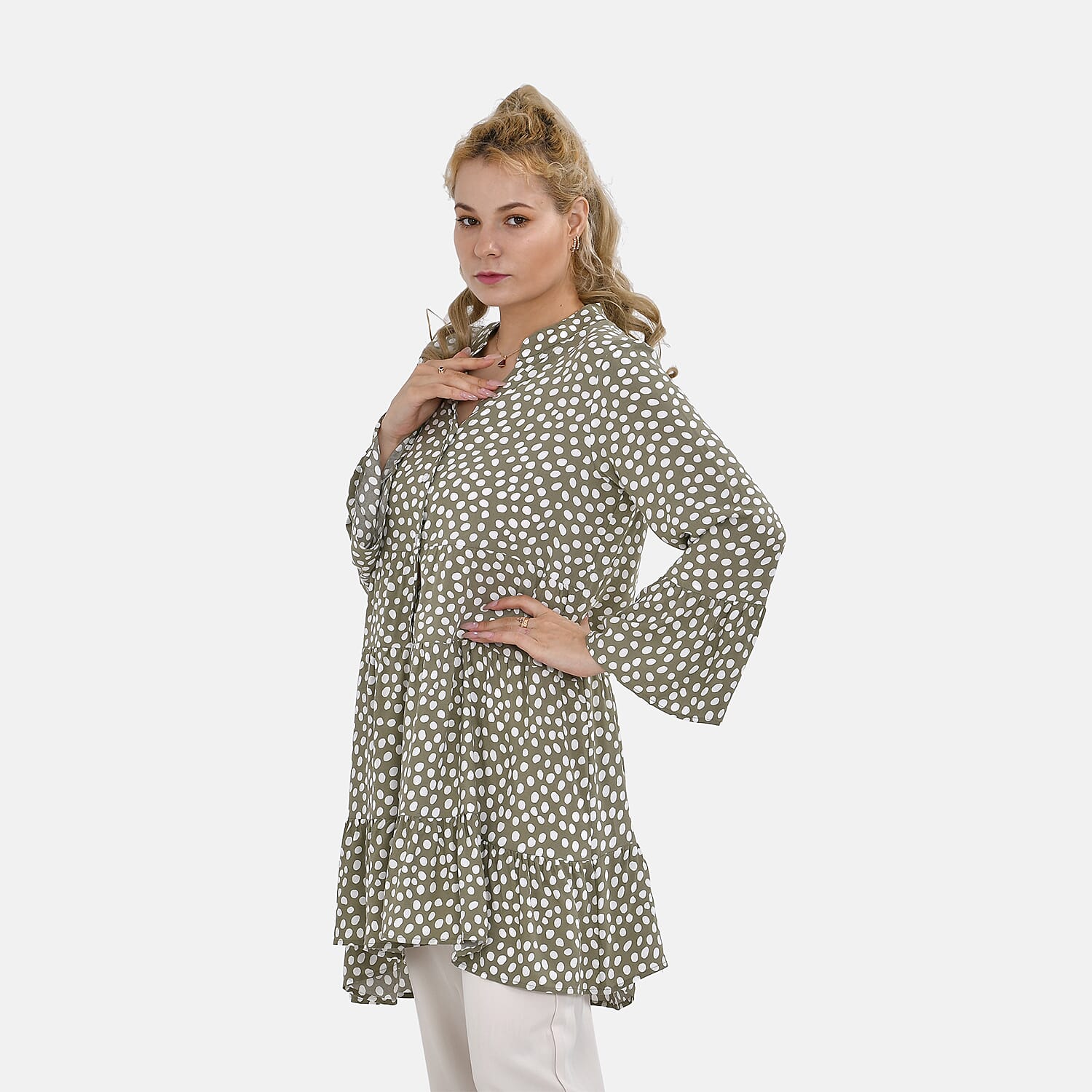 La Marey 100% Viscose Polka Dot Pattern V-Neck Casual Tunic Dress (Size - S-M, 10-14) - Green