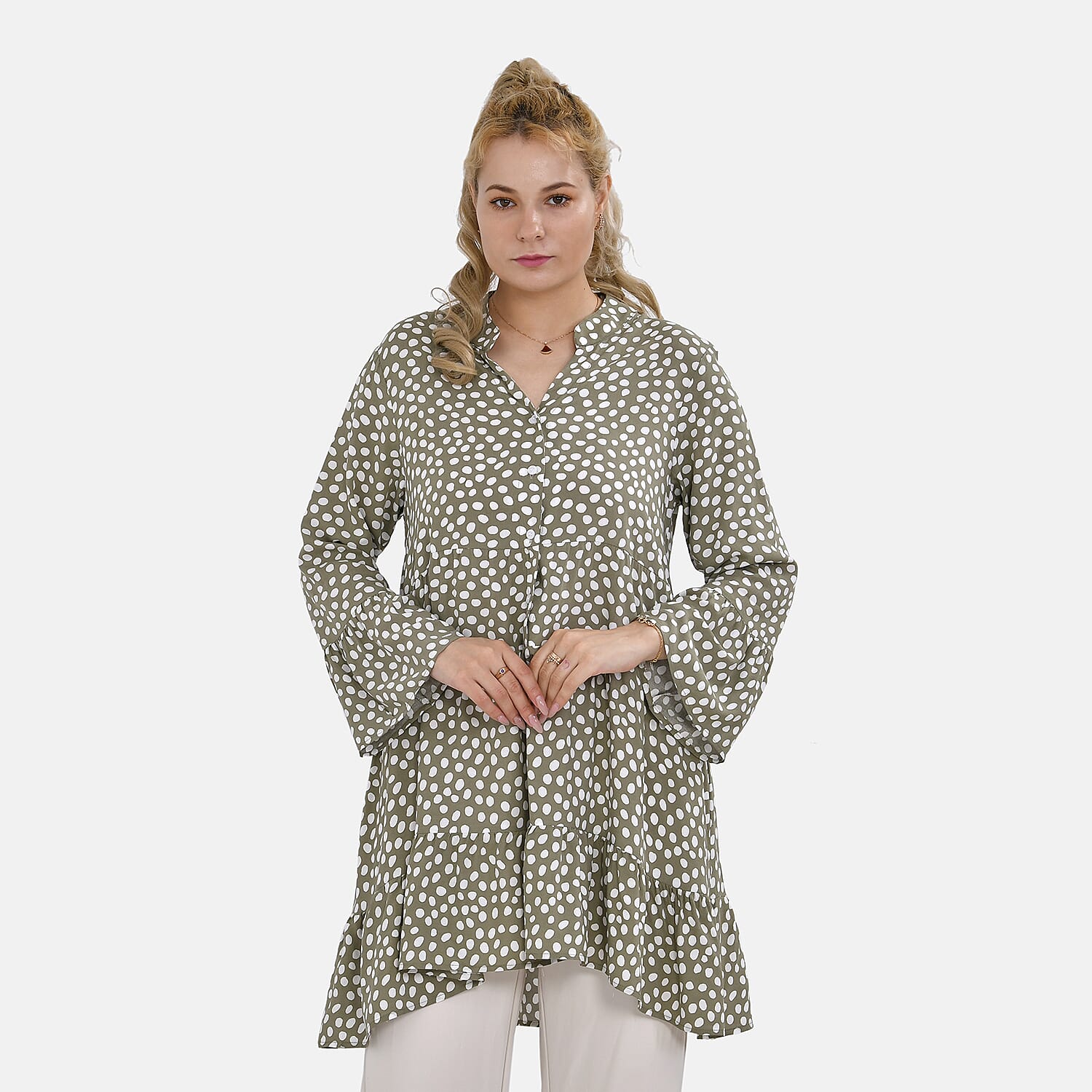 La Marey 100% Viscose Polka Dot Pattern V-Neck Casual Tunic Dress (Size - S-M, 10-14) - Green