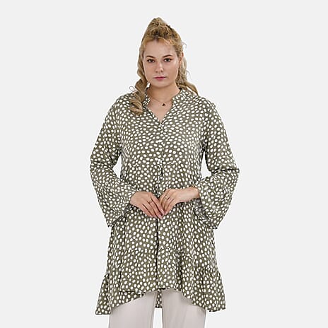 La Marey 100% Viscose Polka Dot Pattern V-Neck Casual Tunic Dress (Size - S-M, 10-14) - Green