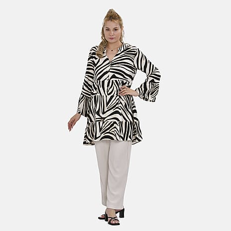 La Marey 100% Viscose Tree Pattern V-Neck Top (Size - S-M,10-14) - Black and White