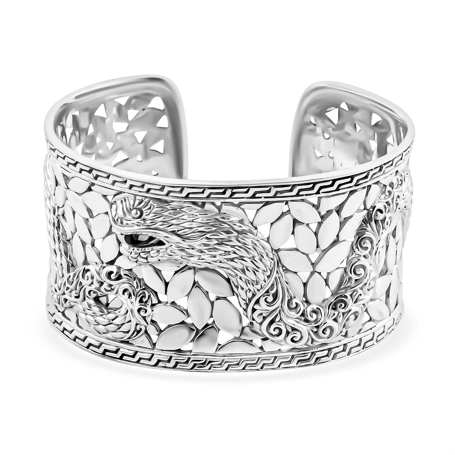 Royal Bali Collection-Sterling Silver Snake Wide Cuff Bangle (Size 7.5), Silver Wt. 64.00Gms