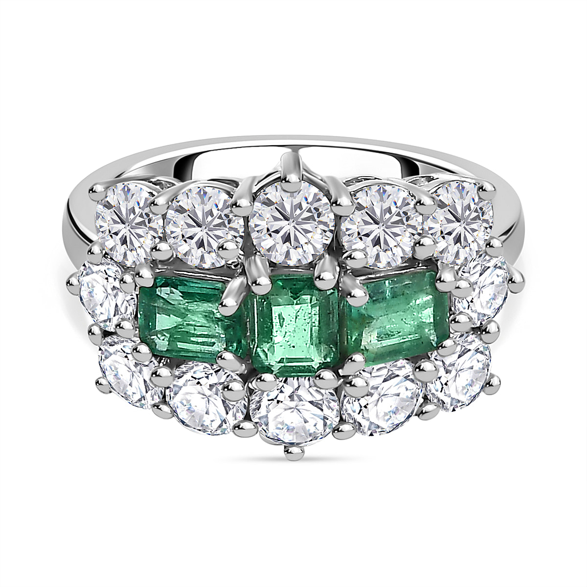 Gemfields Emerald & Moissanite Boat Ring in Platinum Overlay Sterling Silver 3.70 Ct.