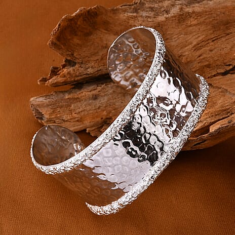 Royal Bali Handmade Hammered Sterling Silver Cuff Bangle (Size-7.5), Silver Wt. 31.58 Gms