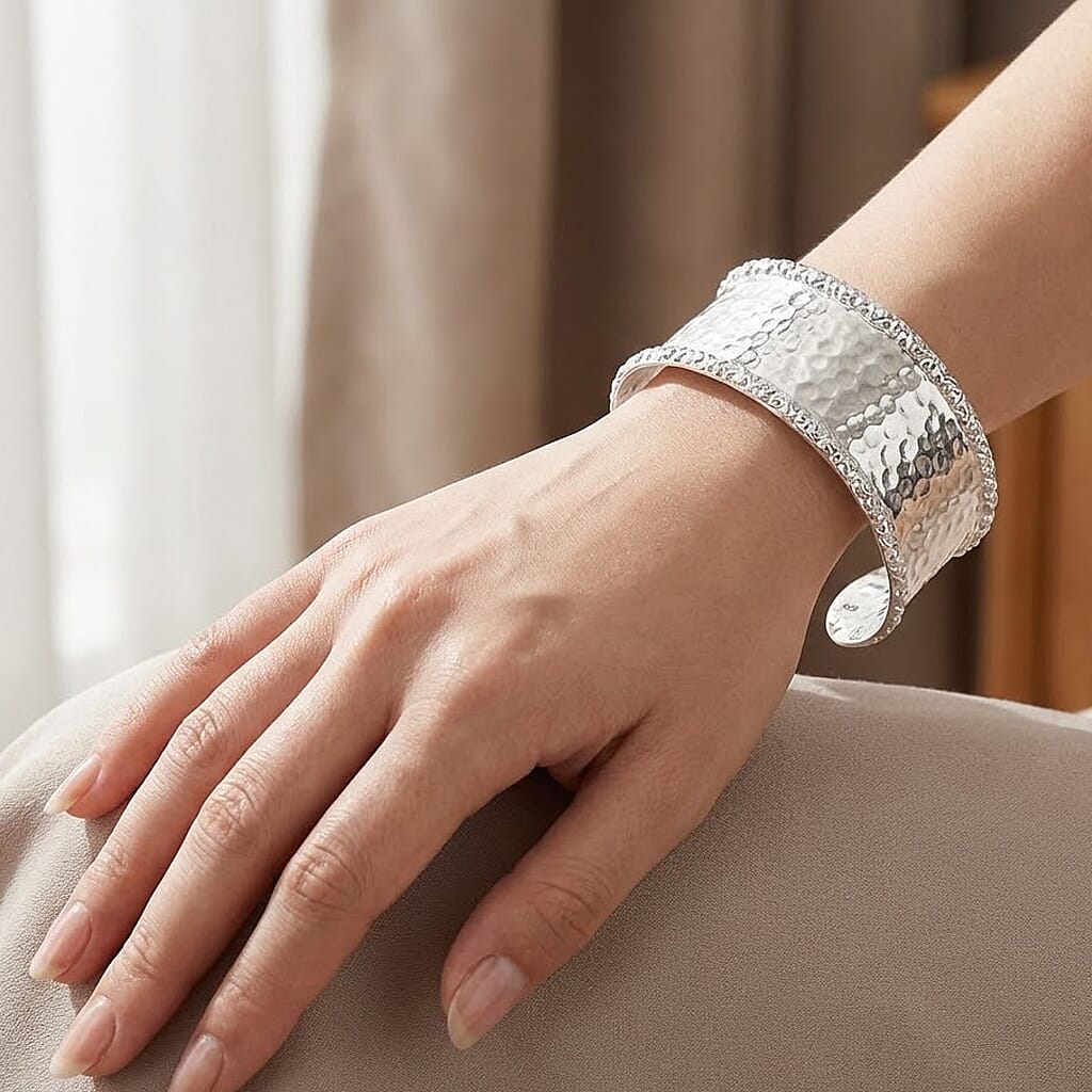 Royal Bali Collection - Handmade Sterling Silver Cuff Bangle (Size-7.5), Silver Wt. 31.58 Gms