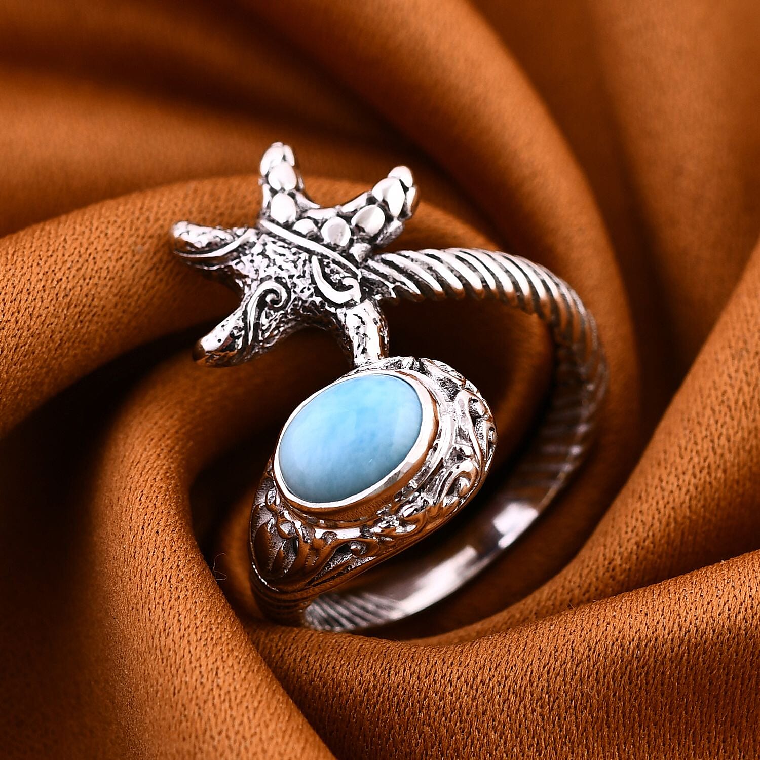 Royal Bali Crystal Bay Collection Larimar Ring Sterling Silver Wt. 6 Gms