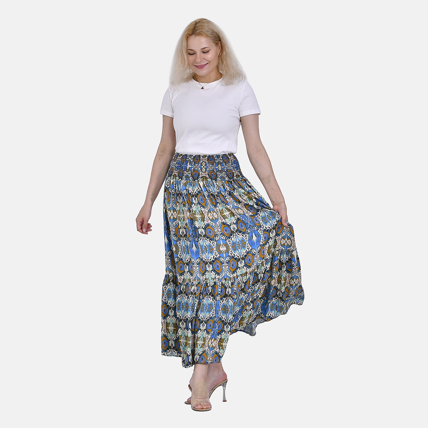 TAMSY 100 Viscose Elastic Waist Summer Floral Print Maxi Skirt One Size Green Blue