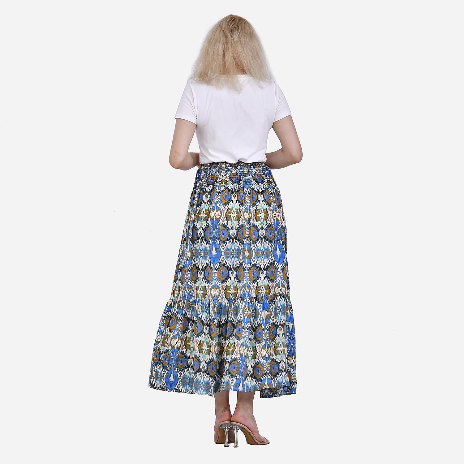 TAMSY 100% Viscose Elastic Waist Summer Floral Print Maxi Skirt (One Size) - Green - Blue