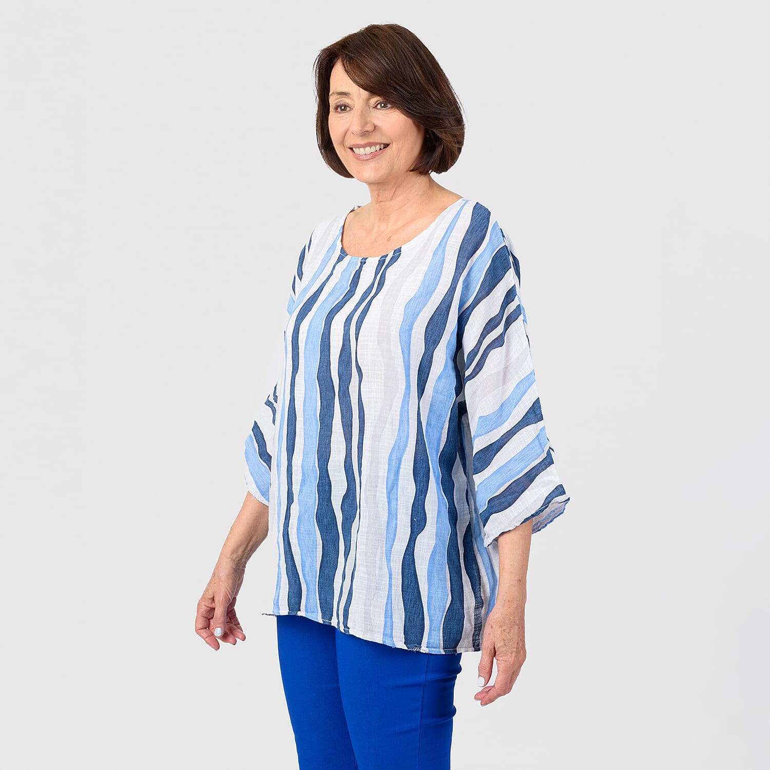 100% Cotton Mudflower Abstract Stripe Top (One Size) - Blue