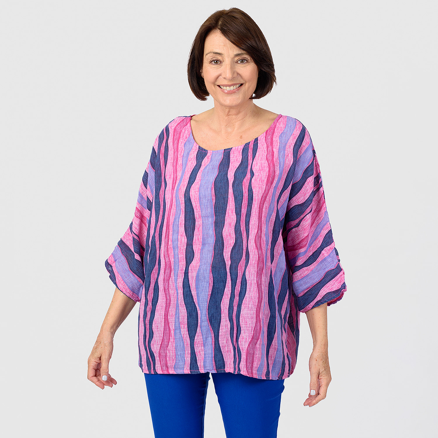 Mudflower 100% Cotton Abstract Stripe Top (One Size,8-18) - Pink