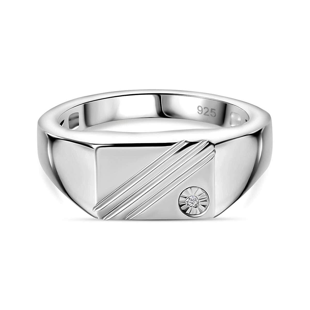 Diamond Signet Mens Ring in Platinum Overlay Sterling Silver