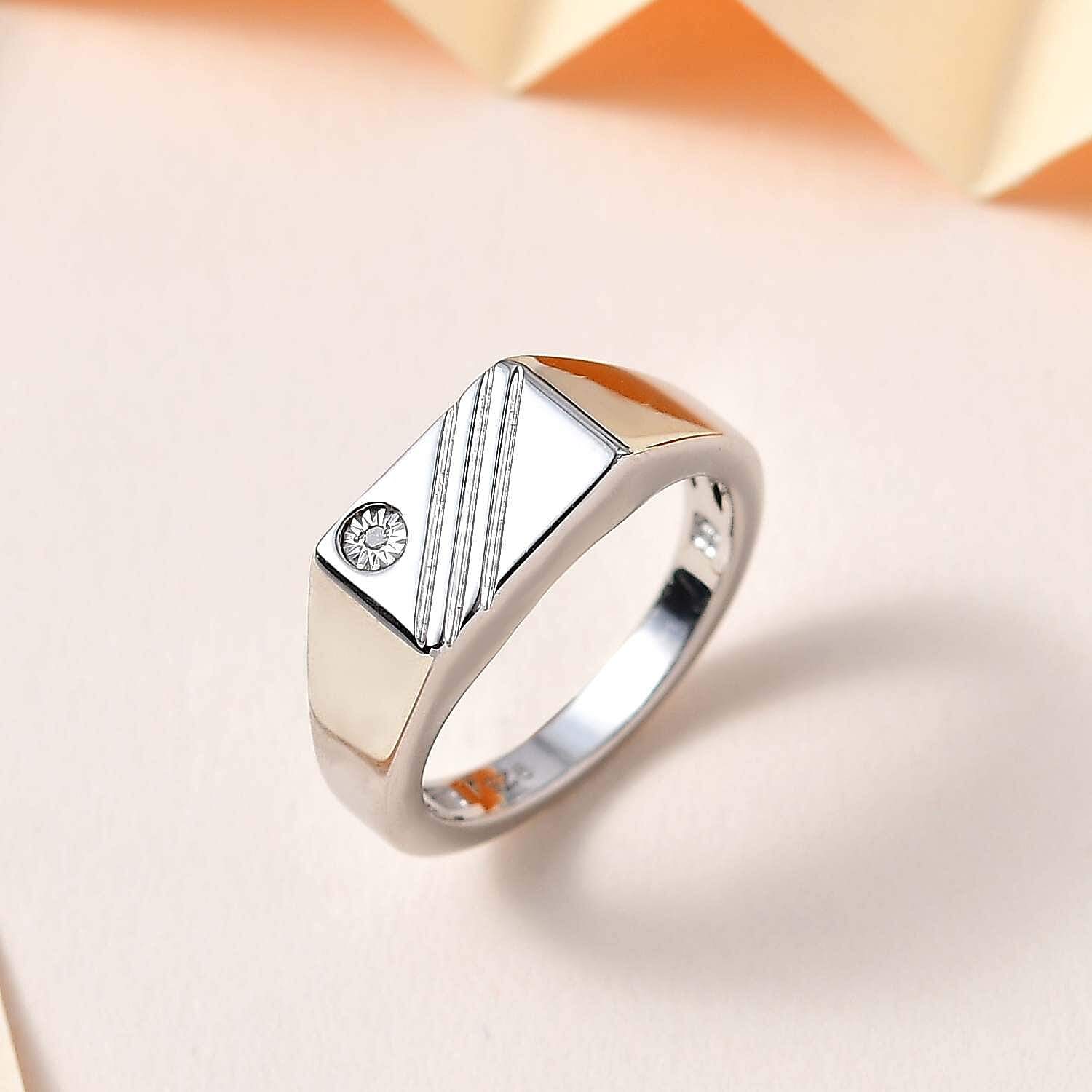 Diamond Signet Mens Ring in Platinum Overlay Sterling Silver