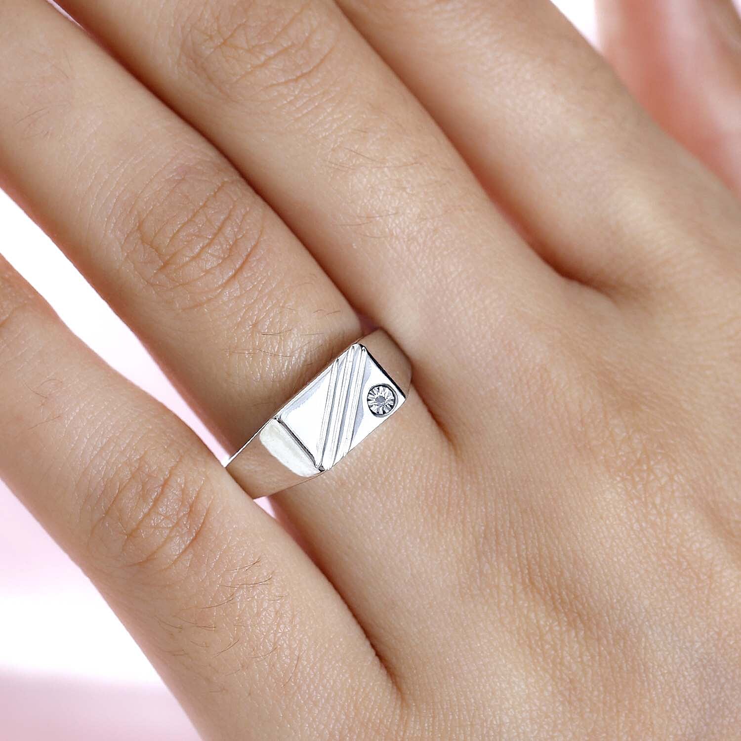 Diamond Signet Mens Ring in Platinum Overlay Sterling Silver