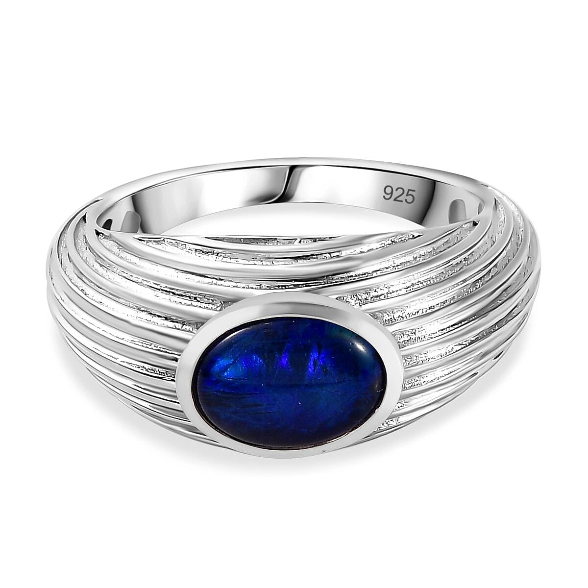 Blue Australian Boulder Opal Triplet Solitaire Ring in Platinum Overlay Sterling Silver