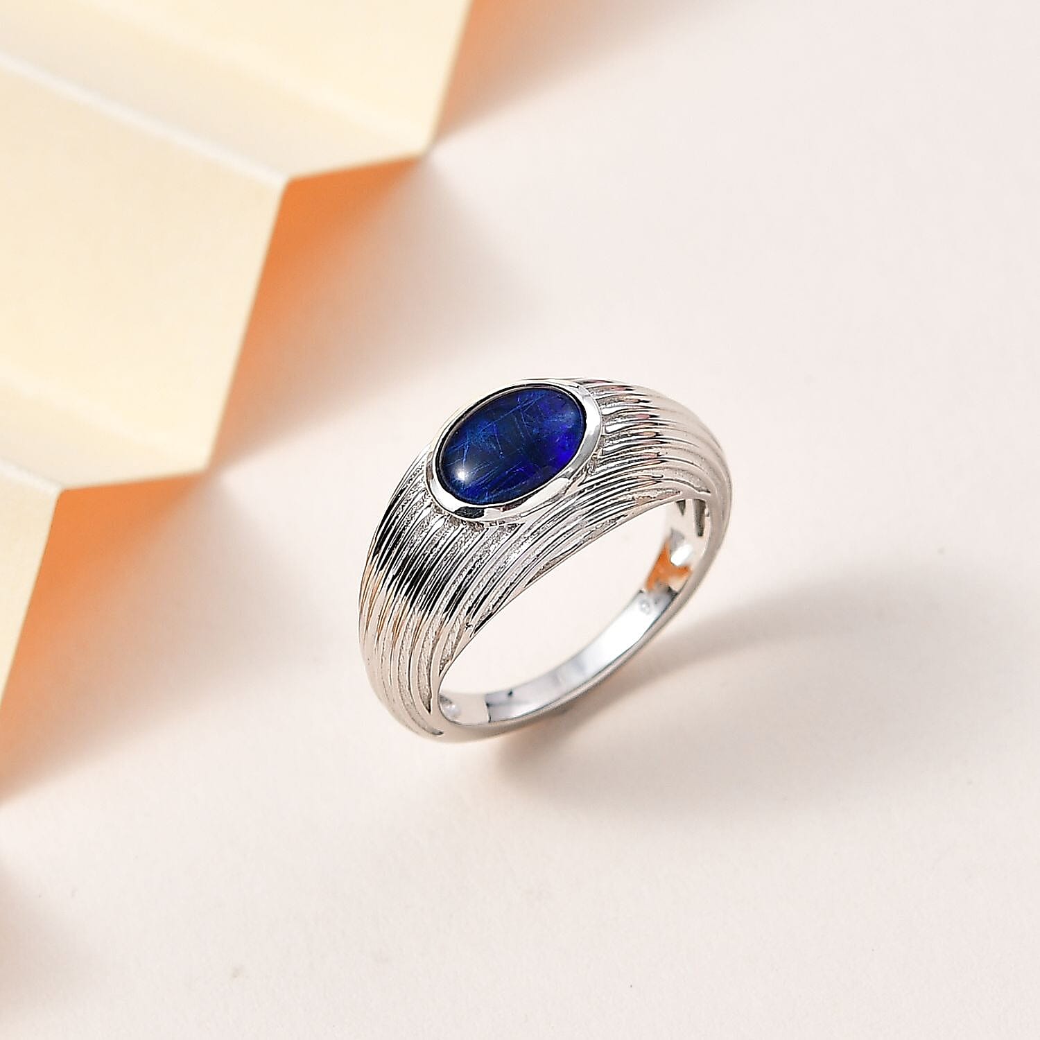 Blue Australian Boulder Opal Triplet Solitaire Ring in Platinum Overlay Sterling Silver