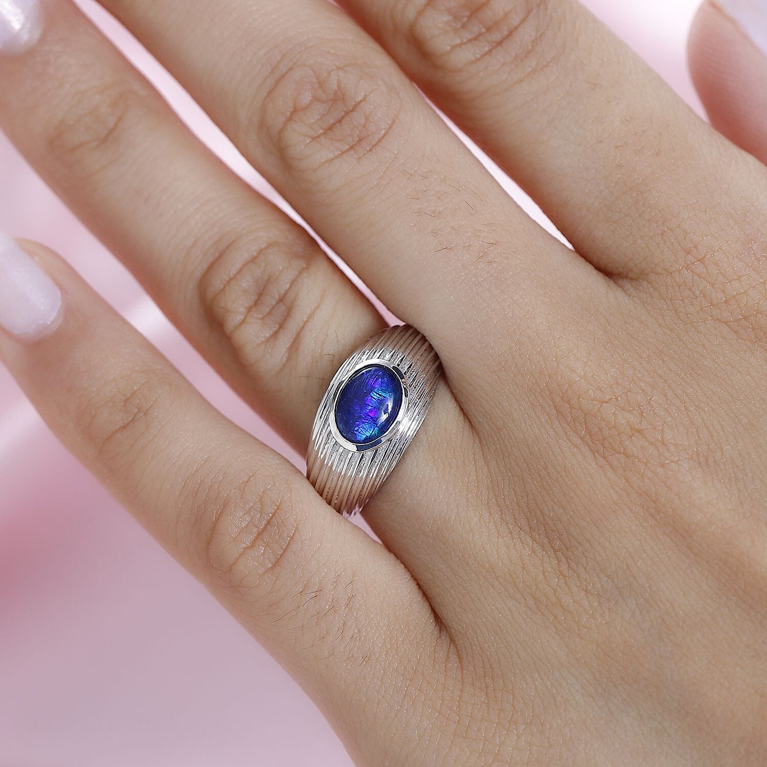 Blue Australian Boulder Opal Triplet Solitaire Ring in Platinum Overlay Sterling Silver