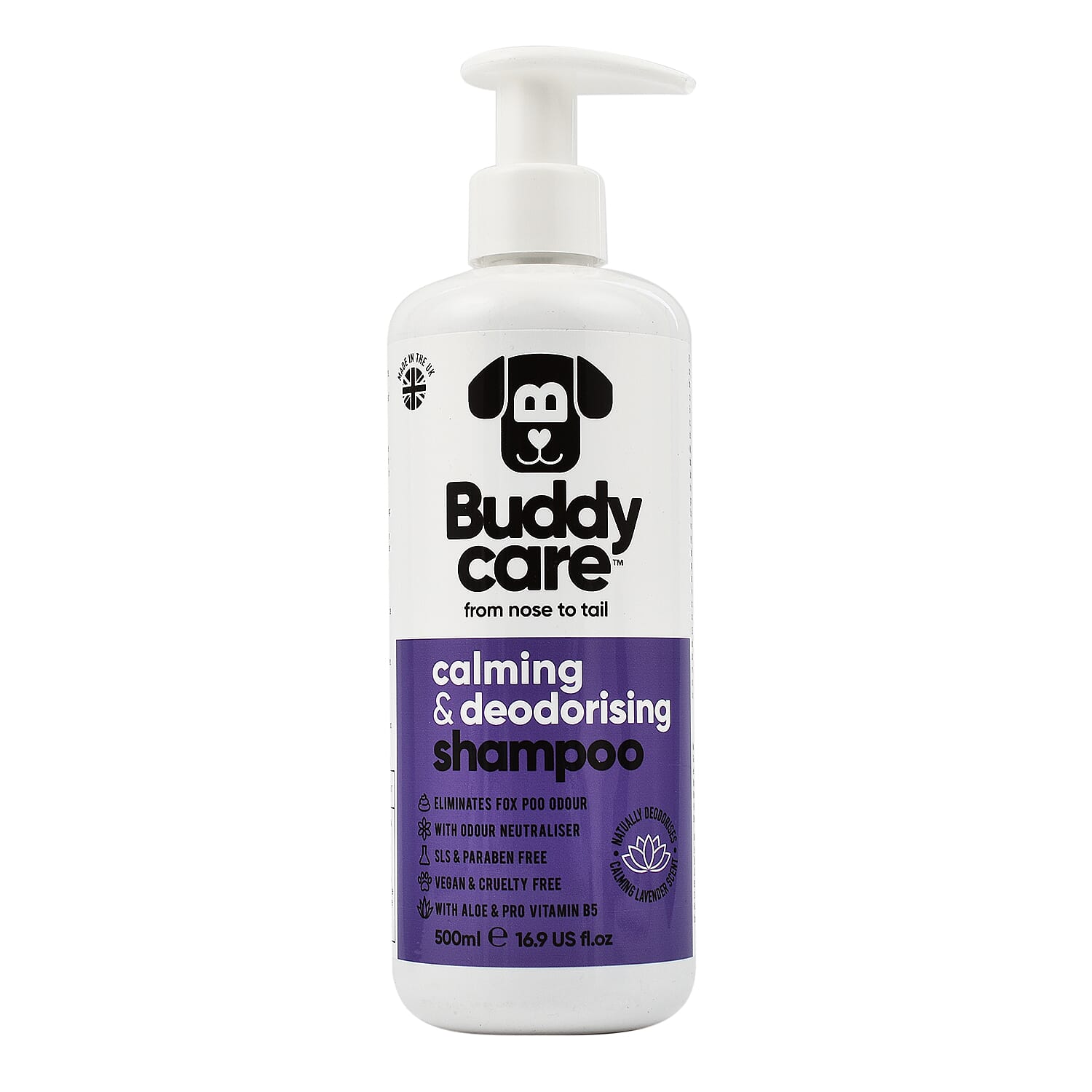 Buddy Care Calming & Deodorising Lavender Scented Dog Shampoo with Aloe & Pro Vitamin B5 500ml