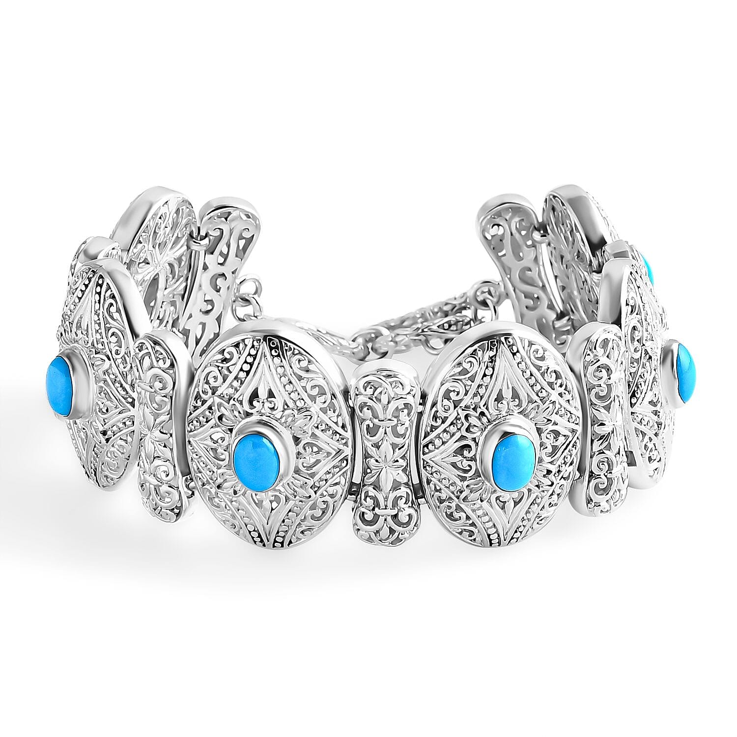 Sleeping Beauty Turquoise Bracelet (Size 8) with T-Bar Clasp Sterling Silver 4.38 Ct, Silver Wt. 50.00 Gms.