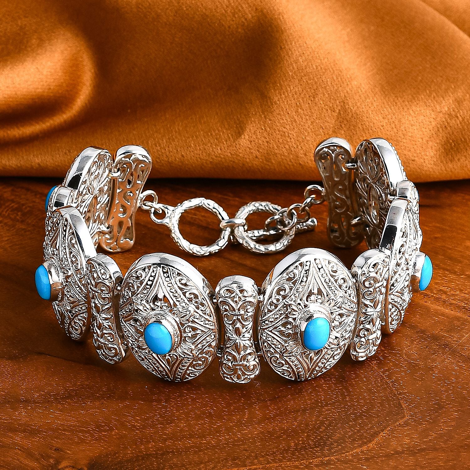 Sleeping Beauty Turquoise Bracelet (Size 8) with T-Bar Clasp Sterling Silver 4.38 Ct, Silver Wt. 50.00 Gms.
