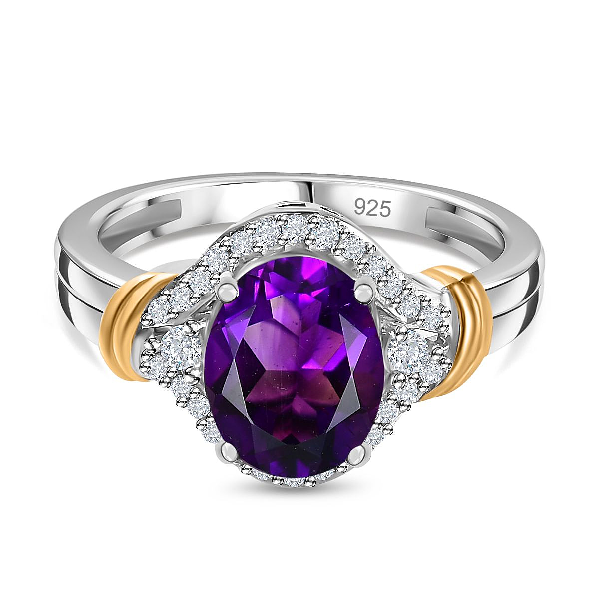 Moroccan Amethyst & Natural Zircon Ring in 18K Yellow Gold Vermeil & Platinum Plated Sterling Silver 2.11 Ct.