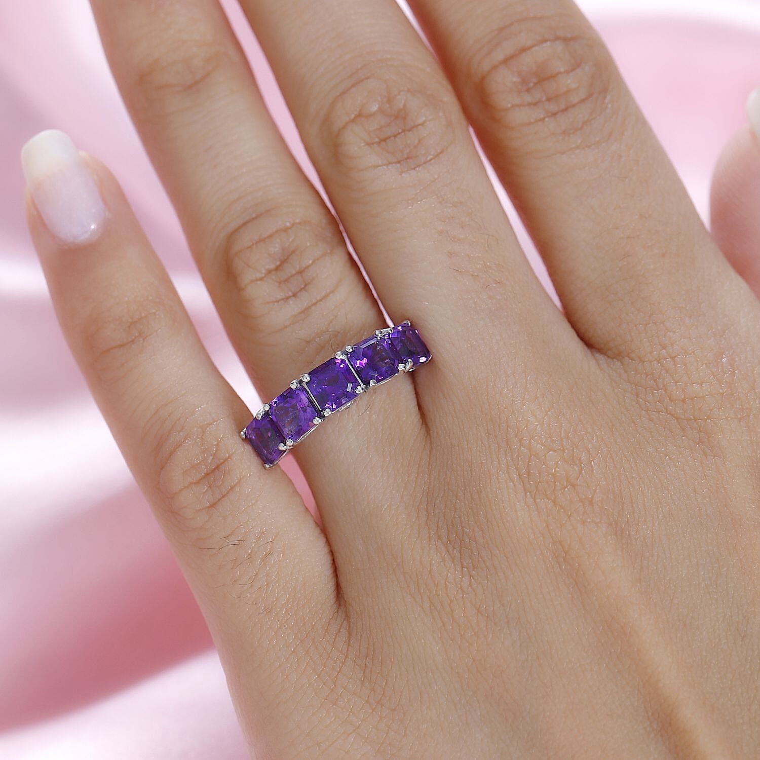 Moroccan Amethyst & Natural Zircon 5 Stone Ring in Platinum Overlay Sterling Silver 2.85 Ct.