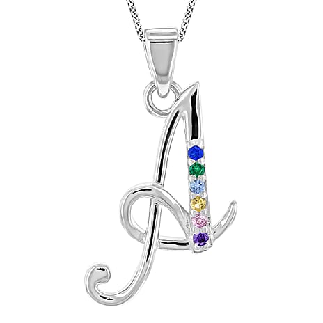 Multi Cubic Zircona Script A Initial Pendant in Sterling Silver