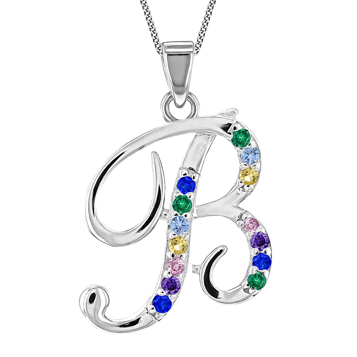 Multi Cubic Zircona Script B Initial Pendant in Sterling Silver